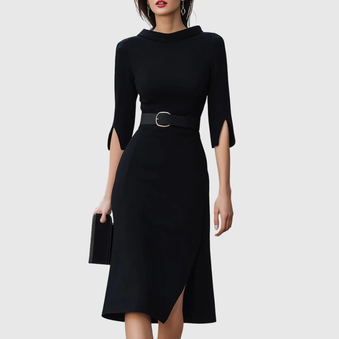 Karma | Damen Elegantes Gürtel Midi Kleid