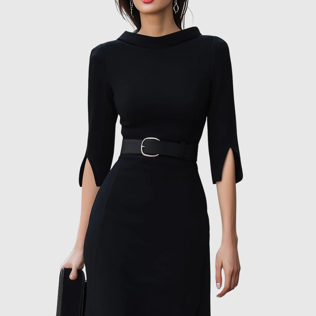 Karma | Damen Elegantes Gürtel Midi Kleid