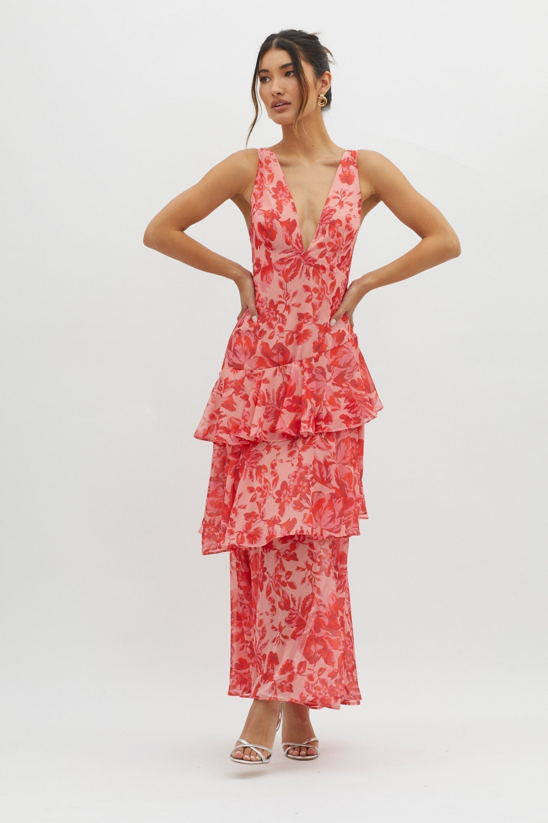 Emmy | Women's Chiffon Floral Tiered Ruffle Deep V-Neck Maxi Dress Carol & Margaret Wilmington