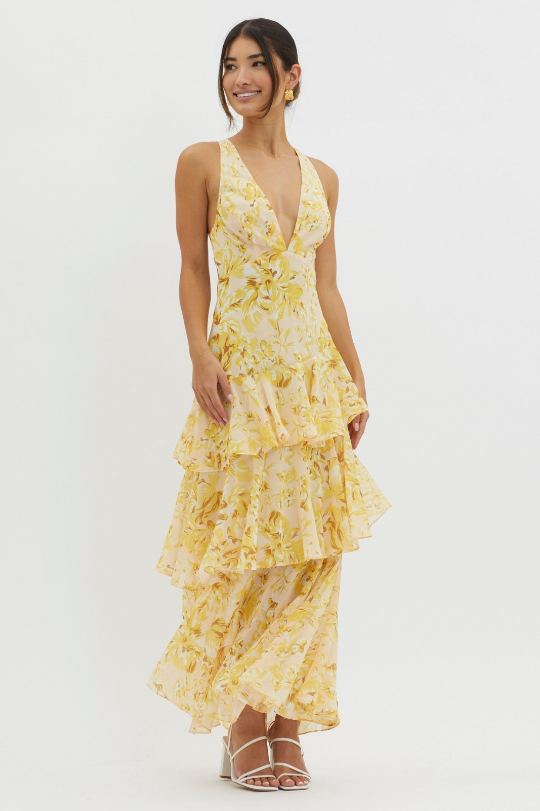 Emmy | Women's Chiffon Floral Tiered Ruffle Deep V-Neck Maxi Dress Carol & Margaret Wilmington