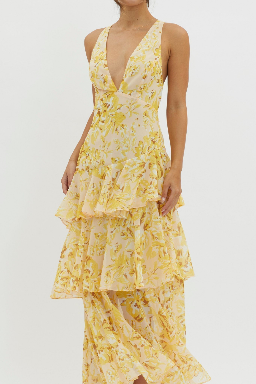 Emmy | Women's Chiffon Floral Tiered Ruffle Deep V-Neck Maxi Dress Carol & Margaret Wilmington