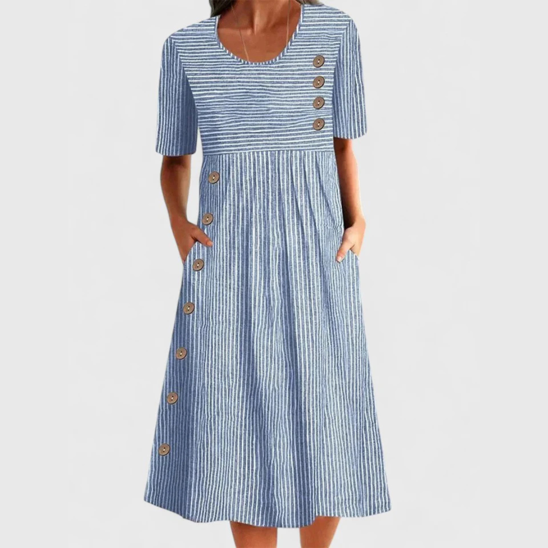 Frida | Women's Linen Striped Button-Trim Scoop Neck Midi Dress Carol & Margaret Wilmington
