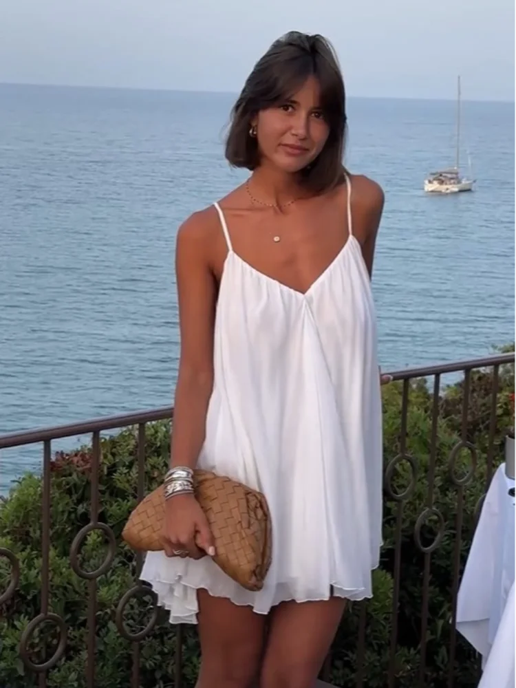 Caleigh | Women's White Chiffon V-Neck Spaghetti Strap Mini Dress Carol & Margaret Wilmington