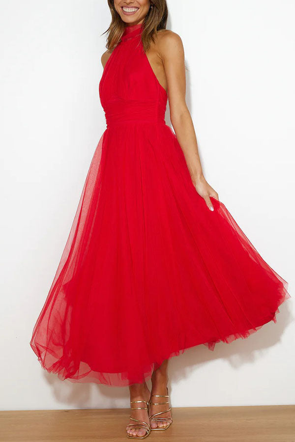 Myra | Women's Chiffon Mesh Halter Neck Ruched Waist A-Line Midi Dress Carol & Margaret Wilmington