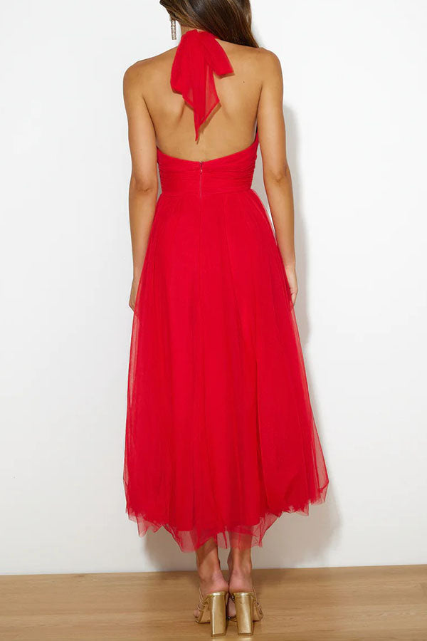 Myra | Women's Chiffon Mesh Halter Neck Ruched Waist A-Line Midi Dress Carol & Margaret Wilmington