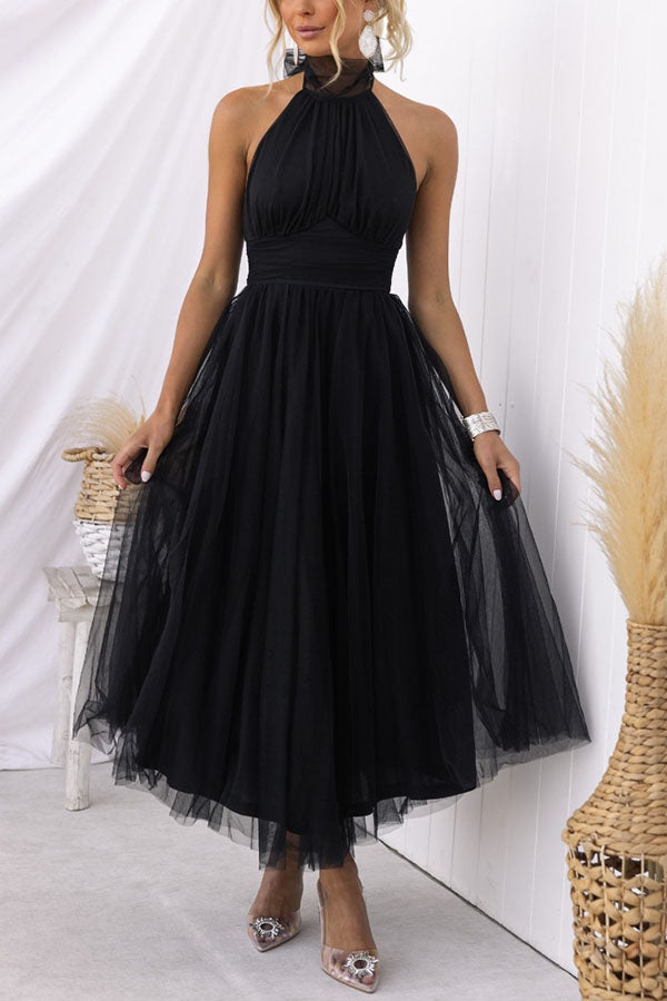 Myra | Women's Chiffon Mesh Halter Neck Ruched Waist A-Line Midi Dress Carol & Margaret Wilmington