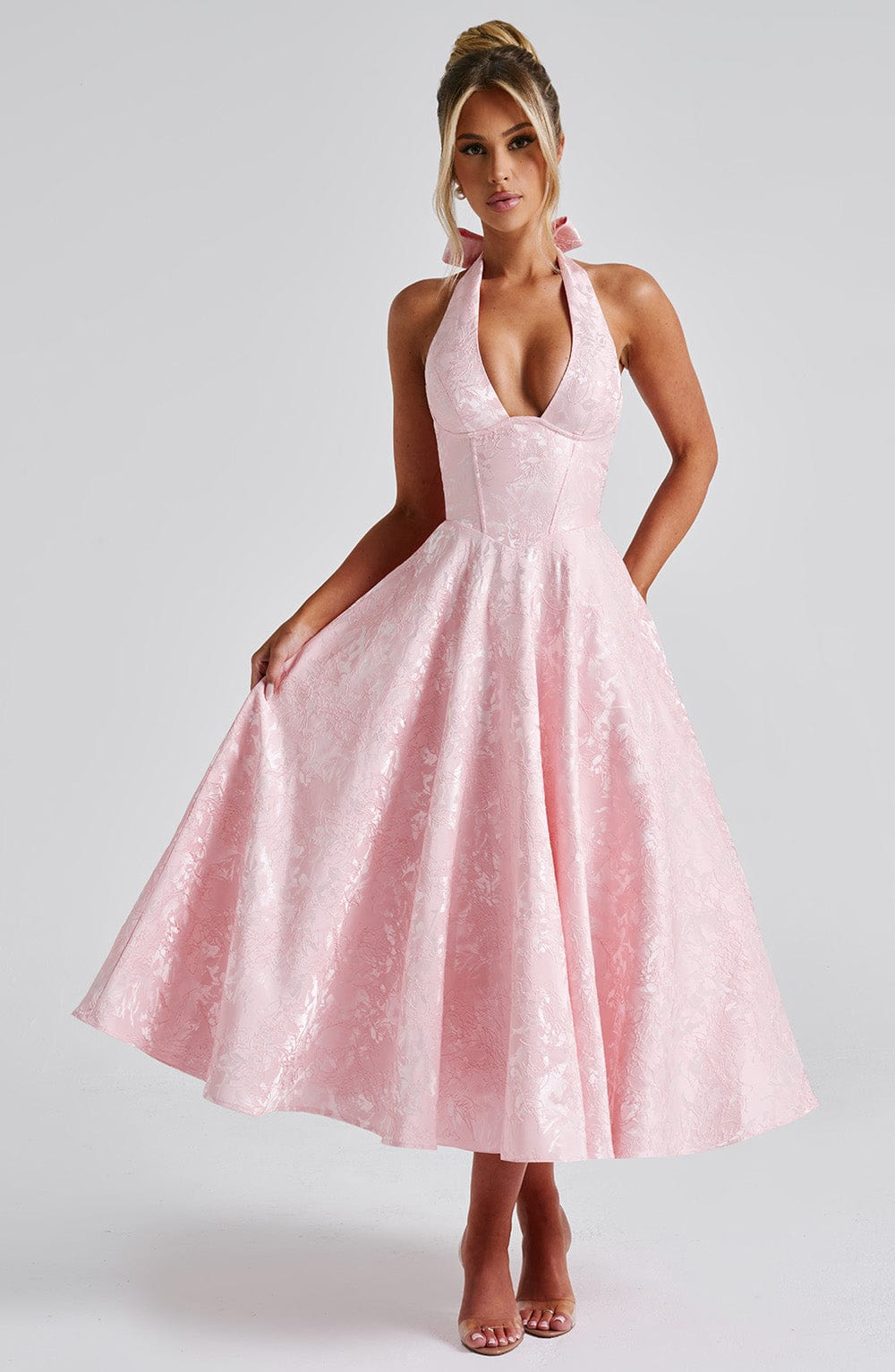 Yael | Women's Jacquard Deep V Halter Neck A-Line Midi Dress Carol & Margaret Wilmington