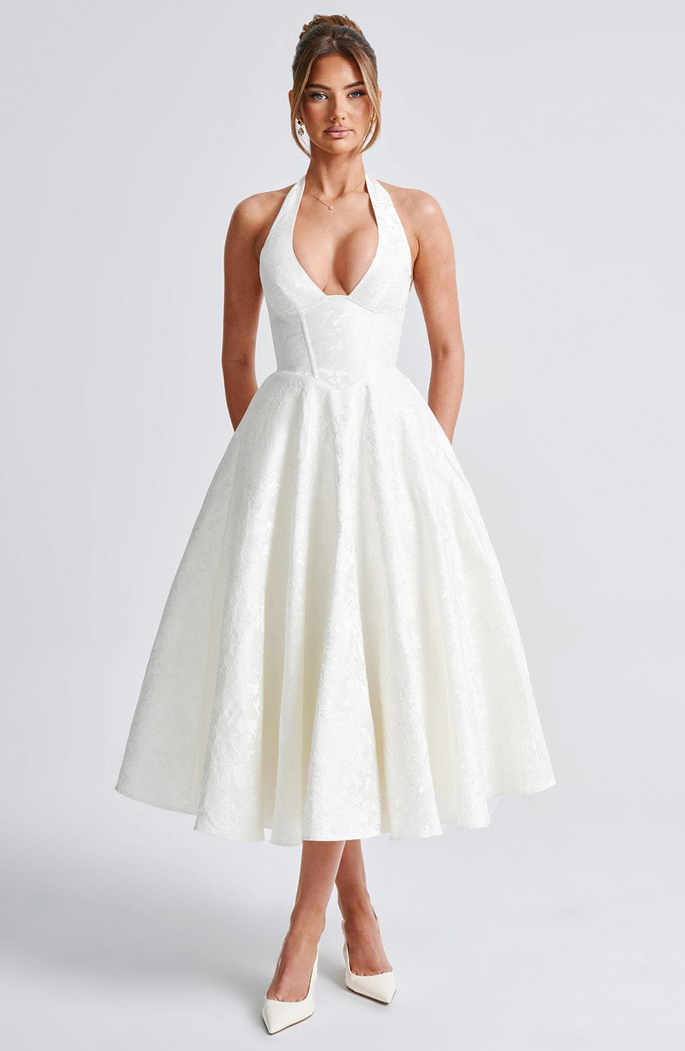 Yael | Women's Jacquard Deep V Halter Neck A-Line Midi Dress Carol & Margaret Wilmington