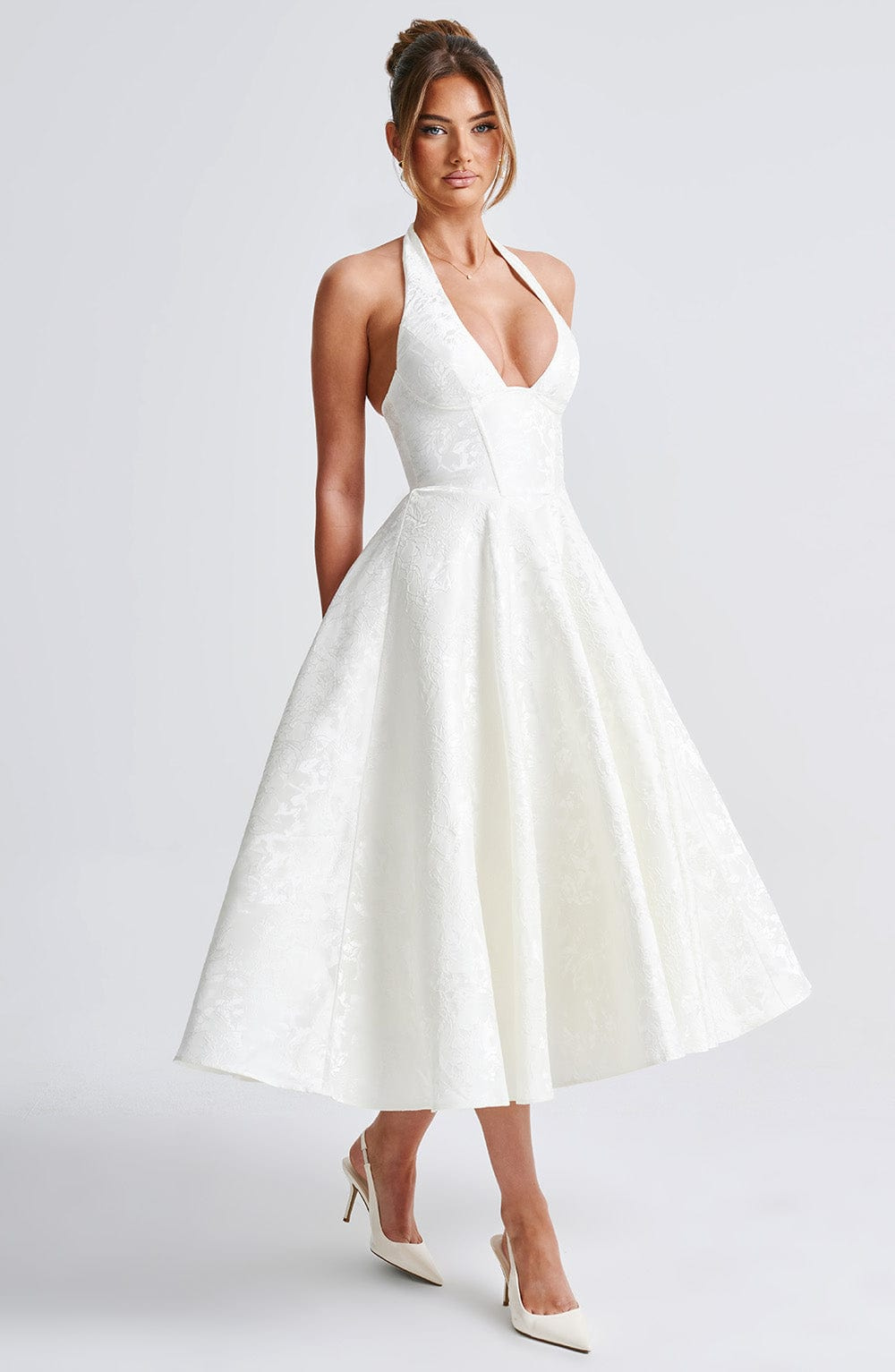 Yael | Women's Jacquard Deep V Halter Neck A-Line Midi Dress Carol & Margaret Wilmington