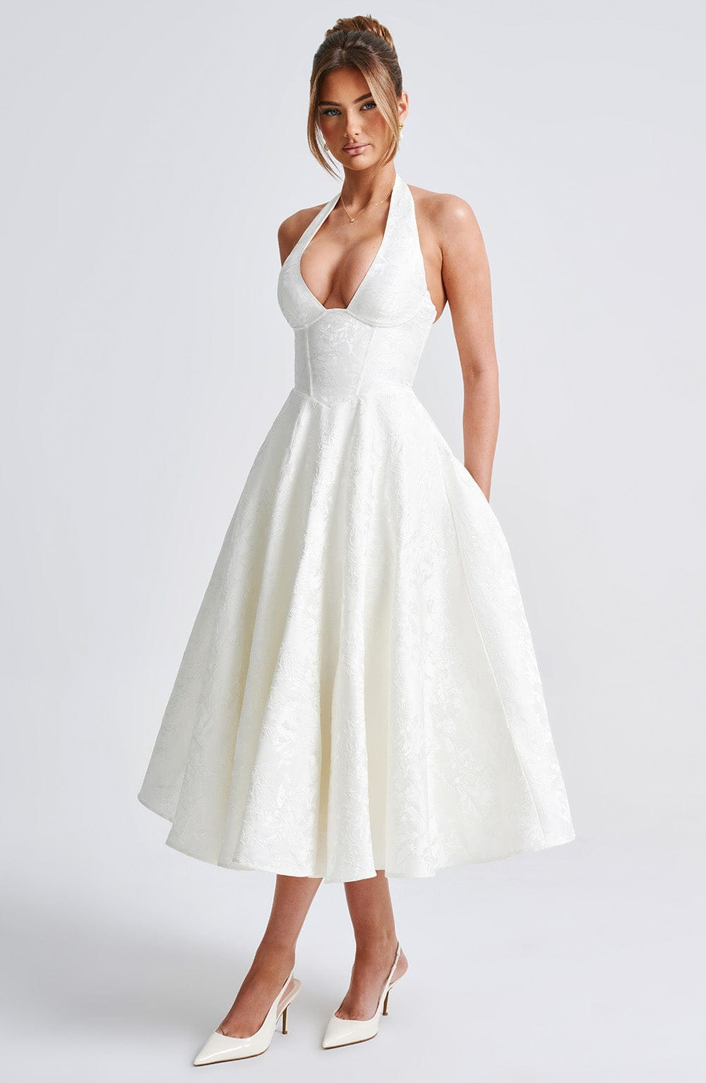 Yael | Women's Jacquard Deep V Halter Neck A-Line Midi Dress Carol & Margaret Wilmington