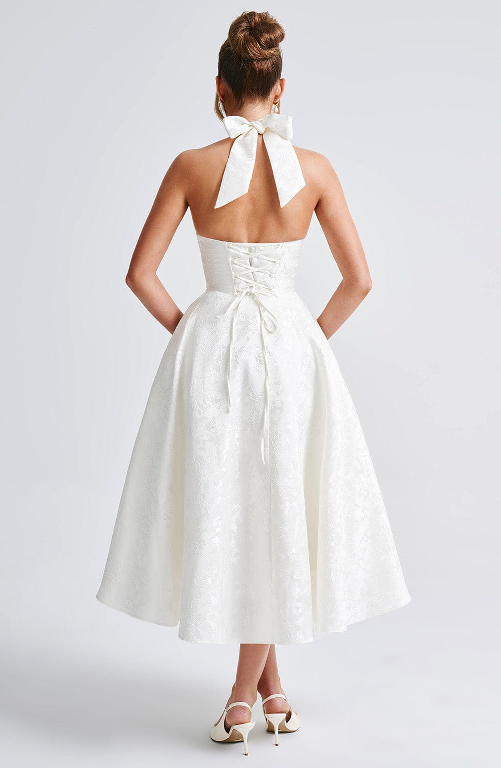 Yael | Women's Jacquard Deep V Halter Neck A-Line Midi Dress Carol & Margaret Wilmington