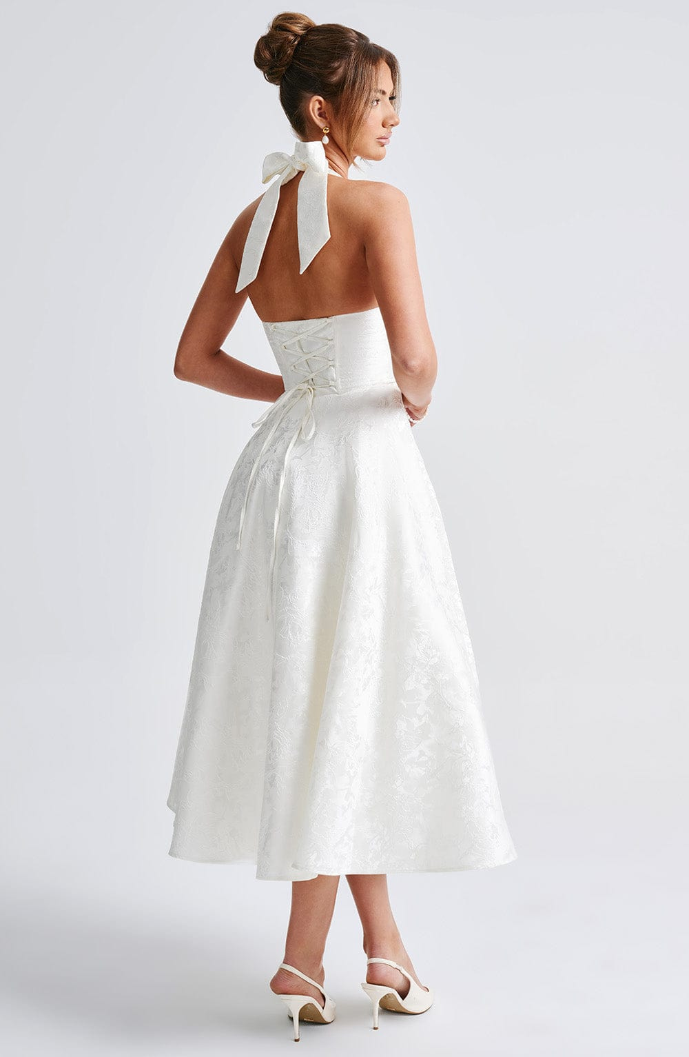 Yael | Women's Jacquard Deep V Halter Neck A-Line Midi Dress Carol & Margaret Wilmington