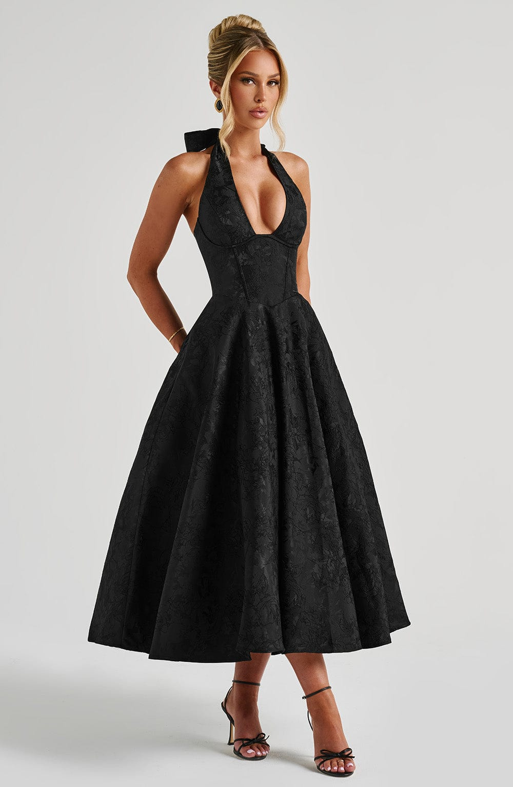 Yael | Women's Jacquard Deep V Halter Neck A-Line Midi Dress Carol & Margaret Wilmington