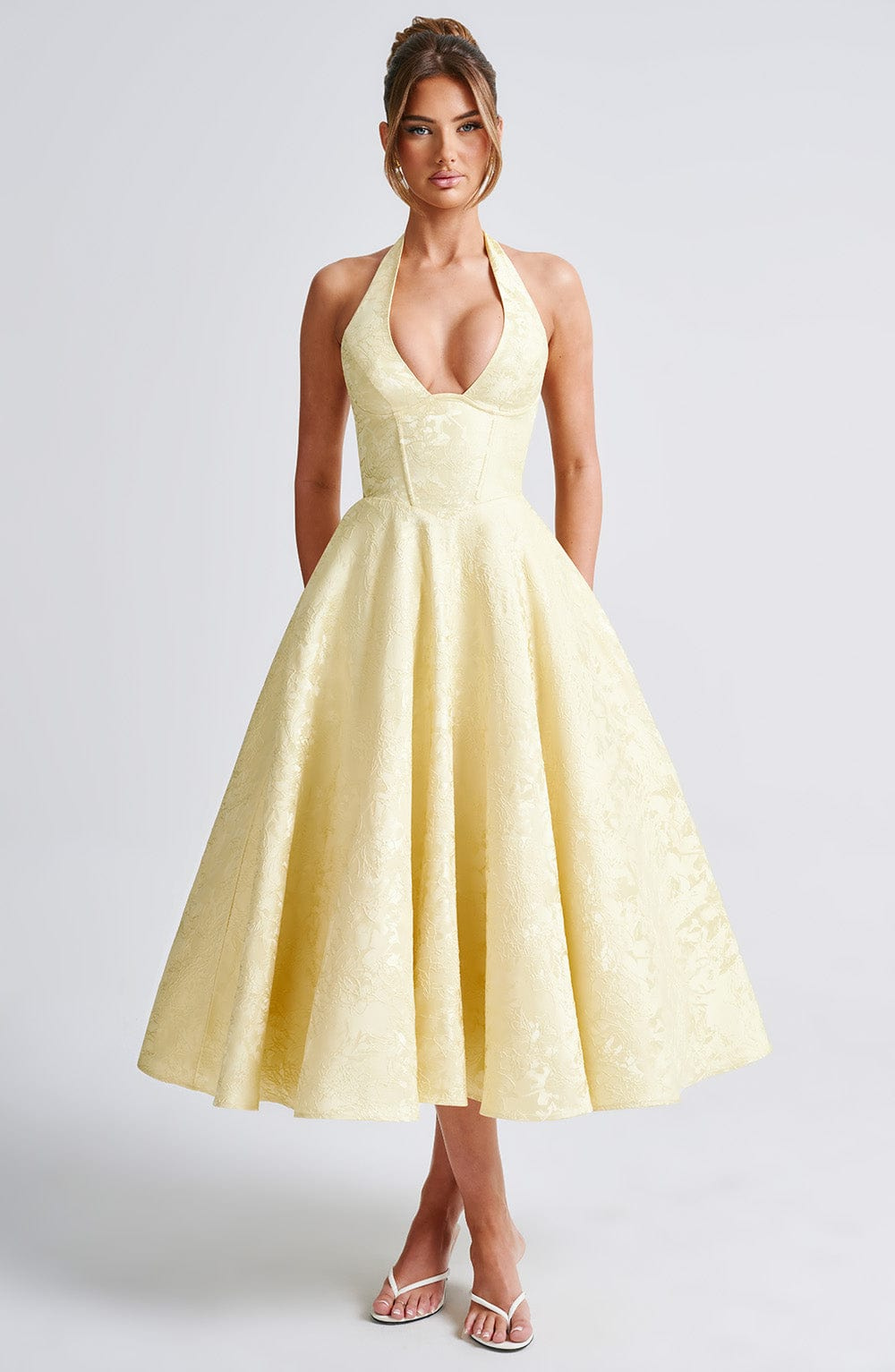 Yael | Women's Jacquard Deep V Halter Neck A-Line Midi Dress Carol & Margaret Wilmington