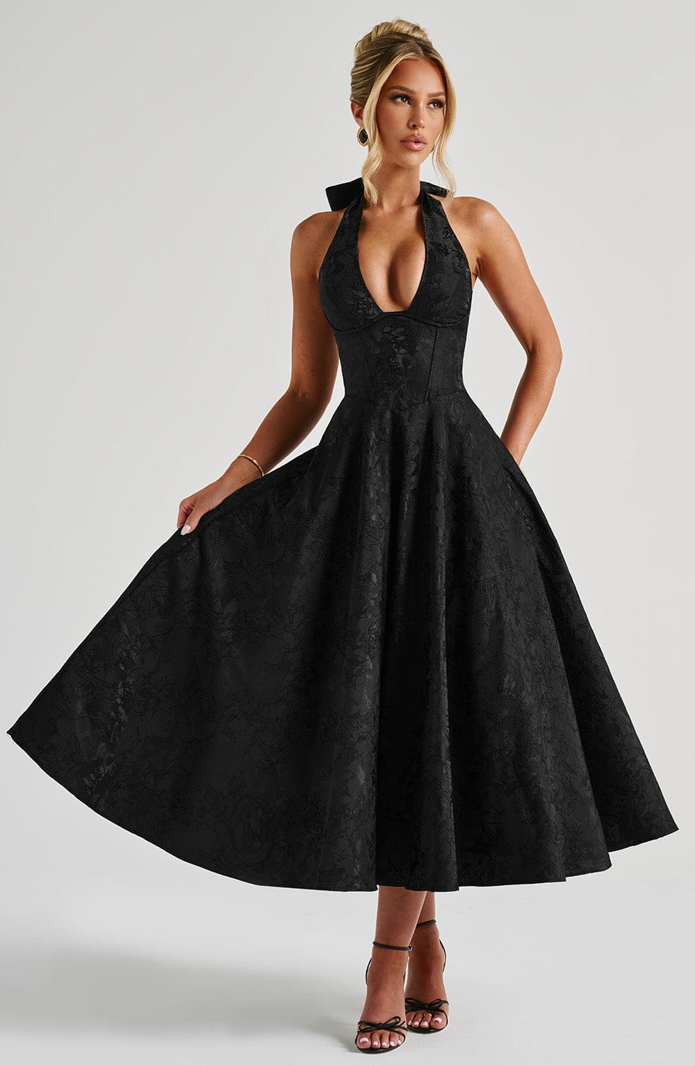 Yael | Women's Jacquard Deep V Halter Neck A-Line Midi Dress Carol & Margaret Wilmington