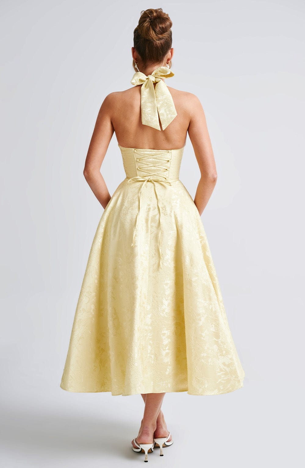 Yael | Women's Jacquard Deep V Halter Neck A-Line Midi Dress Carol & Margaret Wilmington