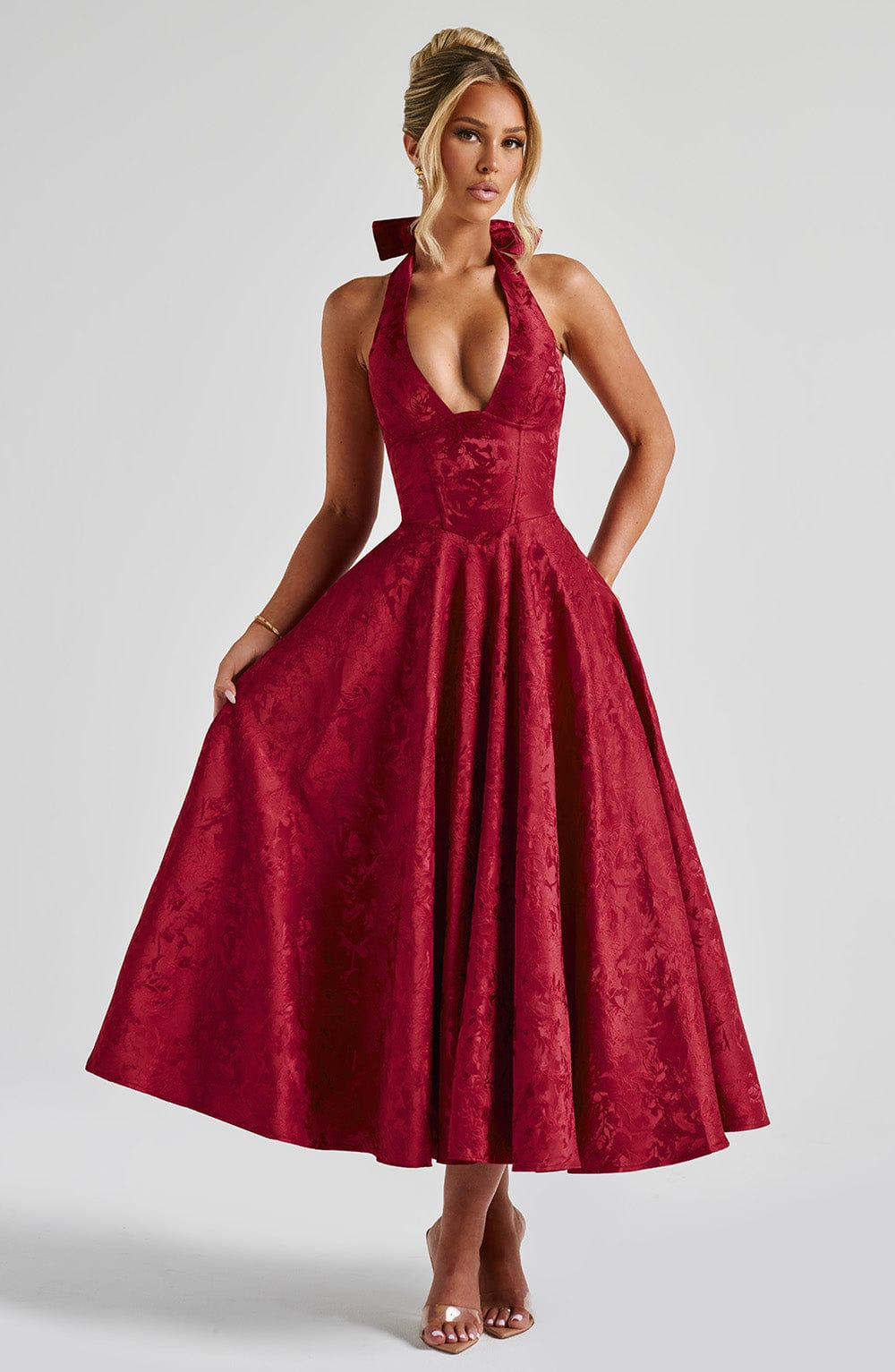 Yael | Women's Jacquard Deep V Halter Neck A-Line Midi Dress Carol & Margaret Wilmington