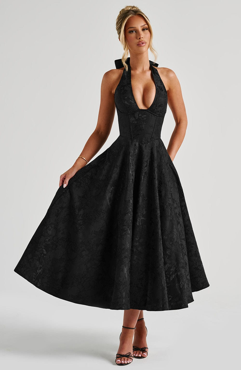 Yael | Women's Jacquard Deep V Halter Neck A-Line Midi Dress Carol & Margaret Wilmington