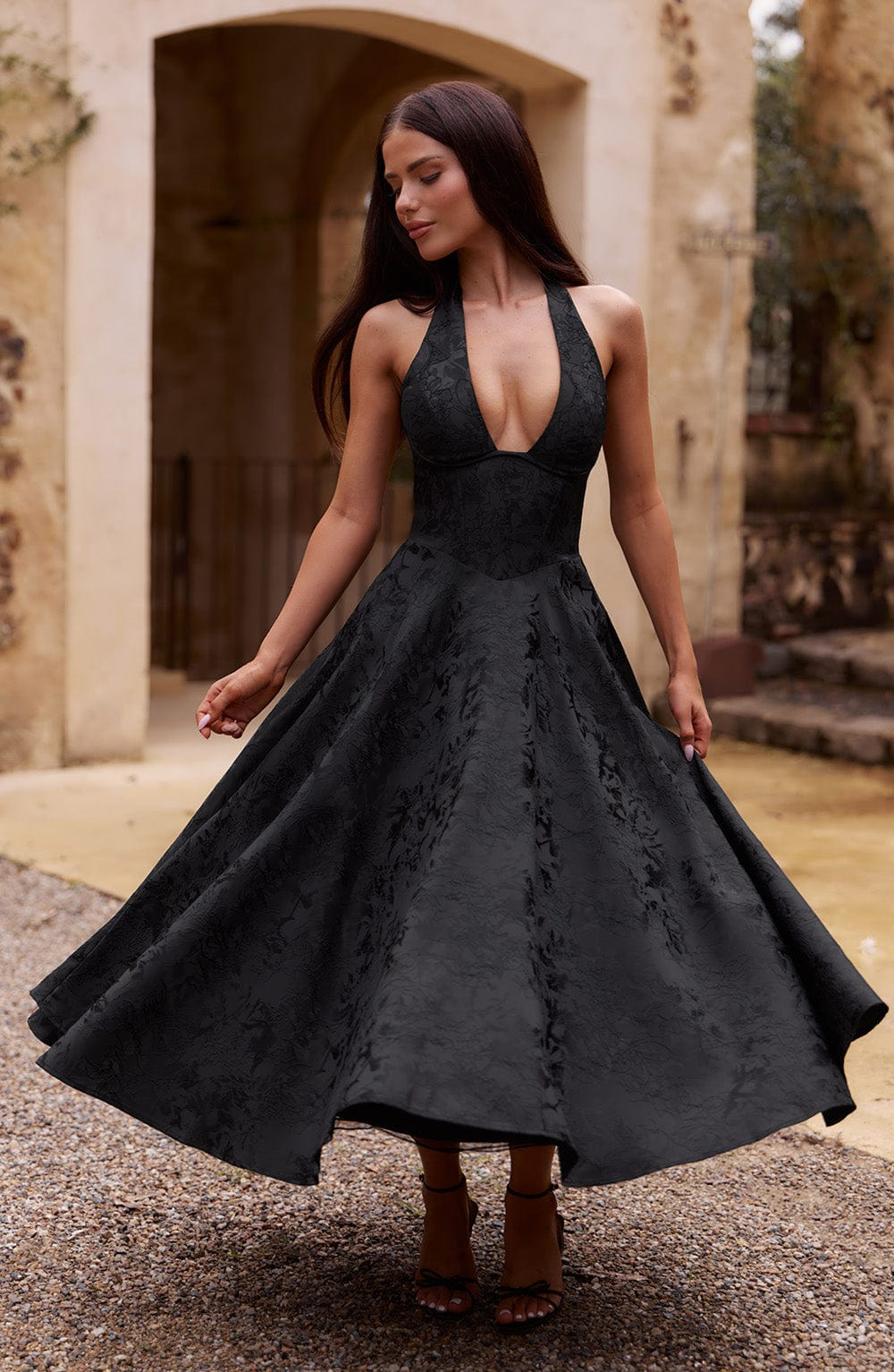 Yael | Women's Jacquard Deep V Halter Neck A-Line Midi Dress Carol & Margaret Wilmington