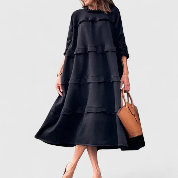 Paige | Women's Black Stretch Tiered Ruffle Long Sleeve Midi Dress Carol & Margaret Wilmington
