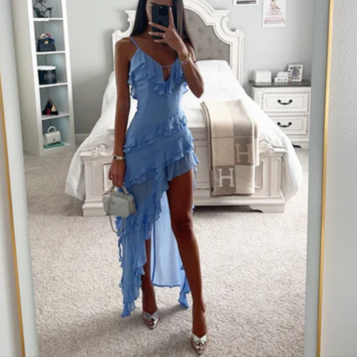 Aspen | Women's Blue Chiffon Ruffle V-Neck Spaghetti Strap Hi-Low Dress Carol & Margaret Wilmington