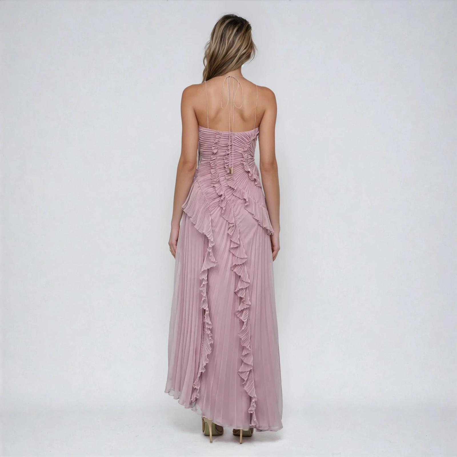 Tinsley | Women's Purple Chiffon Pleated Ruffle Halter Hi-Low Maxi Dress Carol & Margaret Wilmington