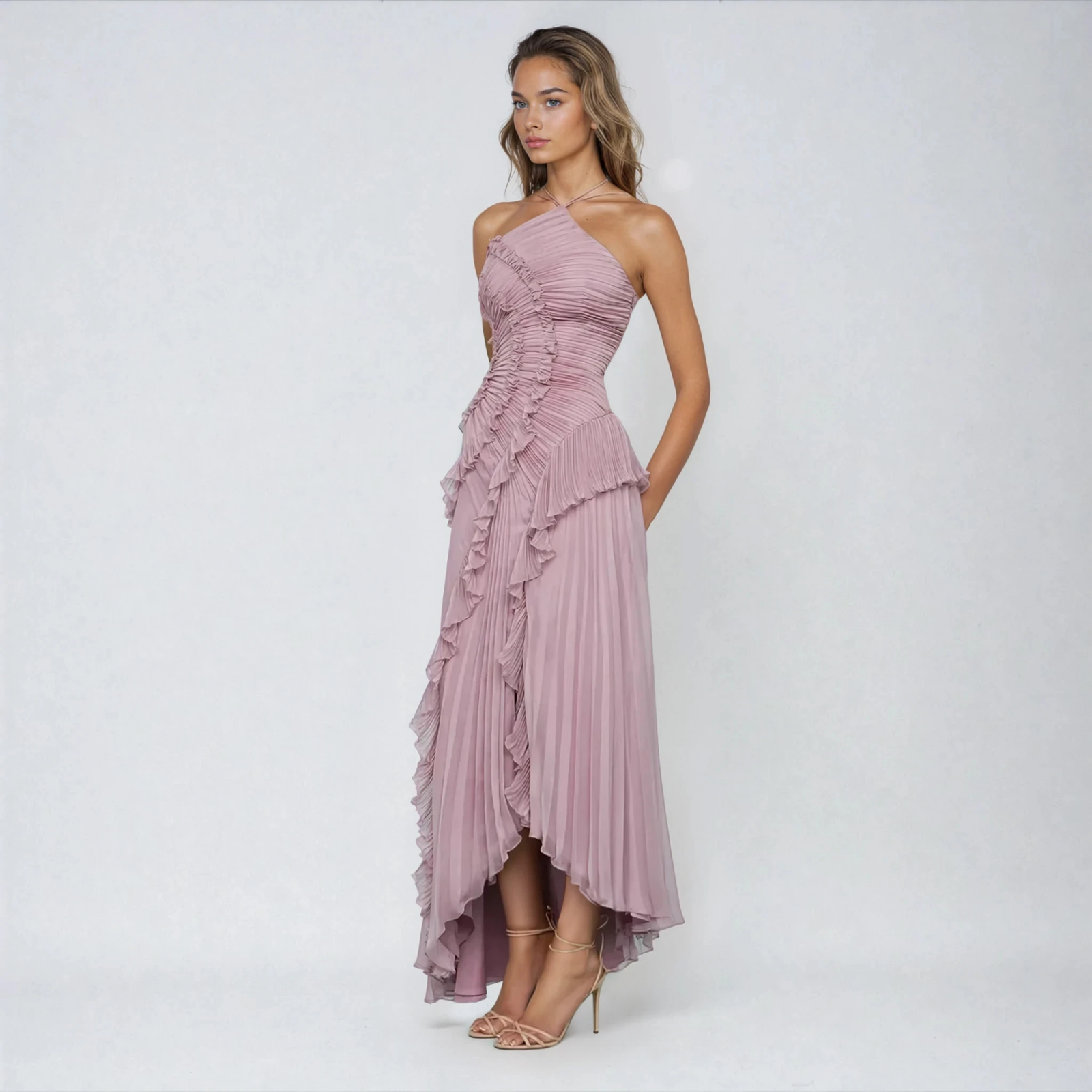 Tinsley | Women's Purple Chiffon Pleated Ruffle Halter Hi-Low Maxi Dress Carol & Margaret Wilmington