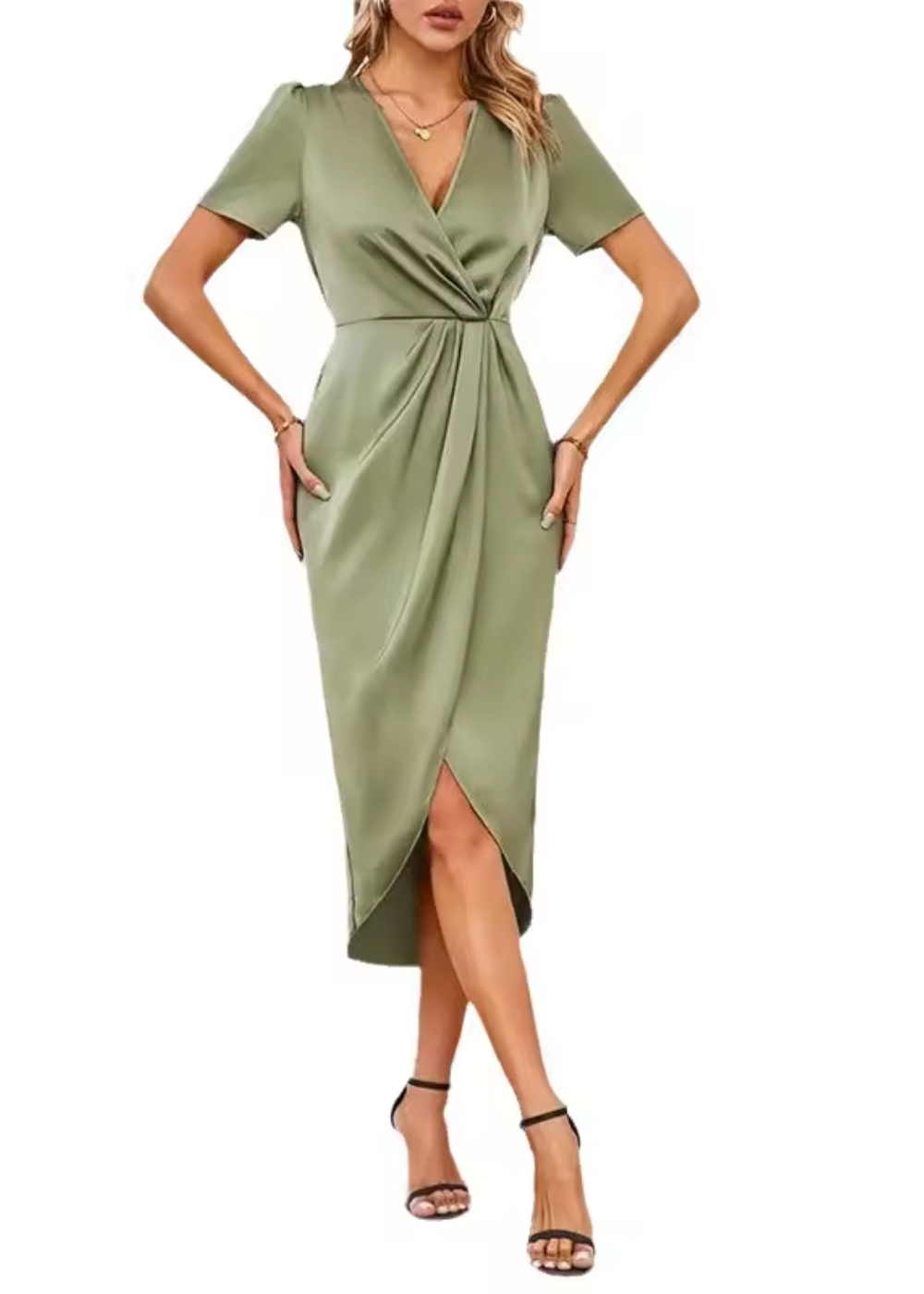 Pauline | Women's Satin V-Neck Short Sleeve Wrap Hi-Low Midi Dress Carol & Margaret Wilmington