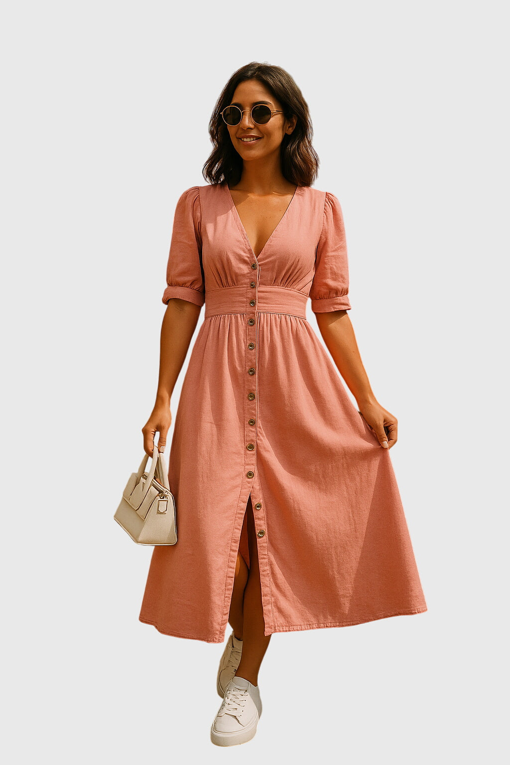 Zaylee | Women's Denim V-Neck Tie-Sleeve Button-Front Midi Dress Carol & Margaret Wilmington