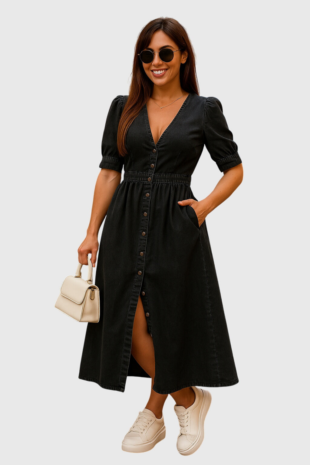 Zaylee | Women's Denim V-Neck Tie-Sleeve Button-Front Midi Dress Carol & Margaret Wilmington