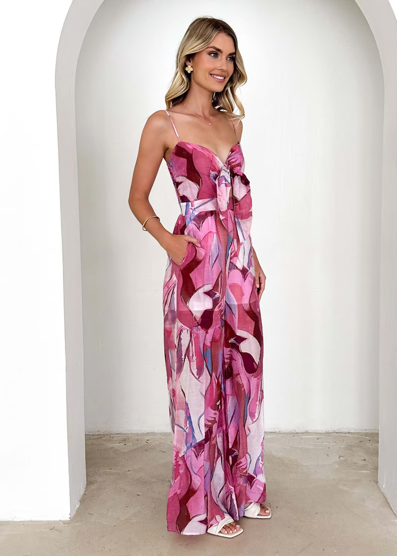 Brynn | Women's Chiffon Abstract Print Tie-Front Cutout Maxi Dress Carol & Margaret Wilmington