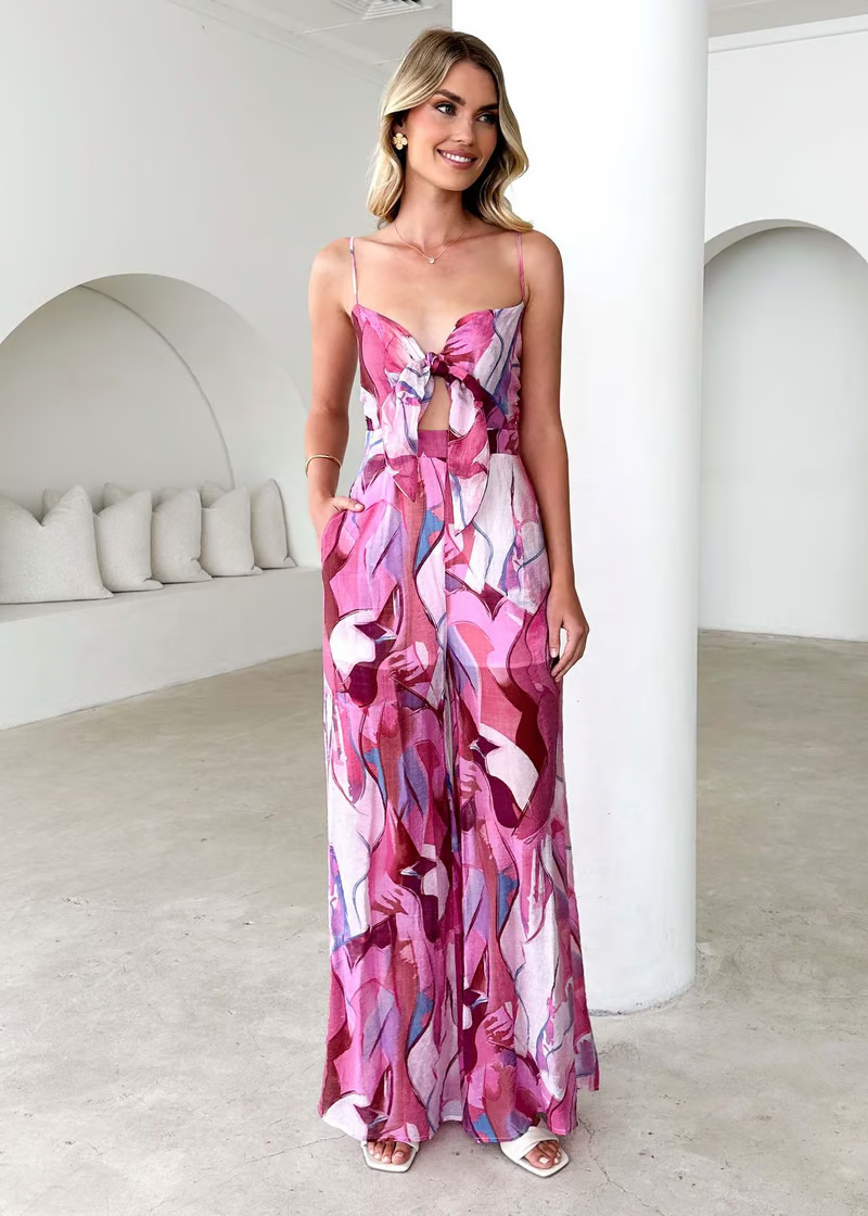 Brynn | Women's Chiffon Abstract Print Tie-Front Cutout Maxi Dress Carol & Margaret Wilmington