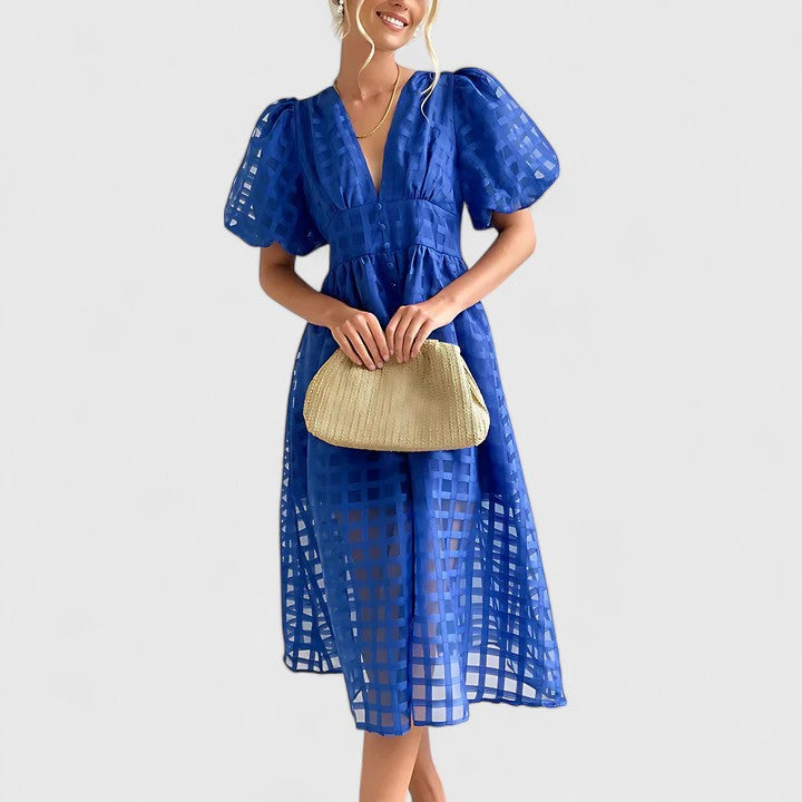 Barbara | Women's Chiffon Grid Puff Sleeve V-Neck Midi Dress Carol & Margaret Wilmington