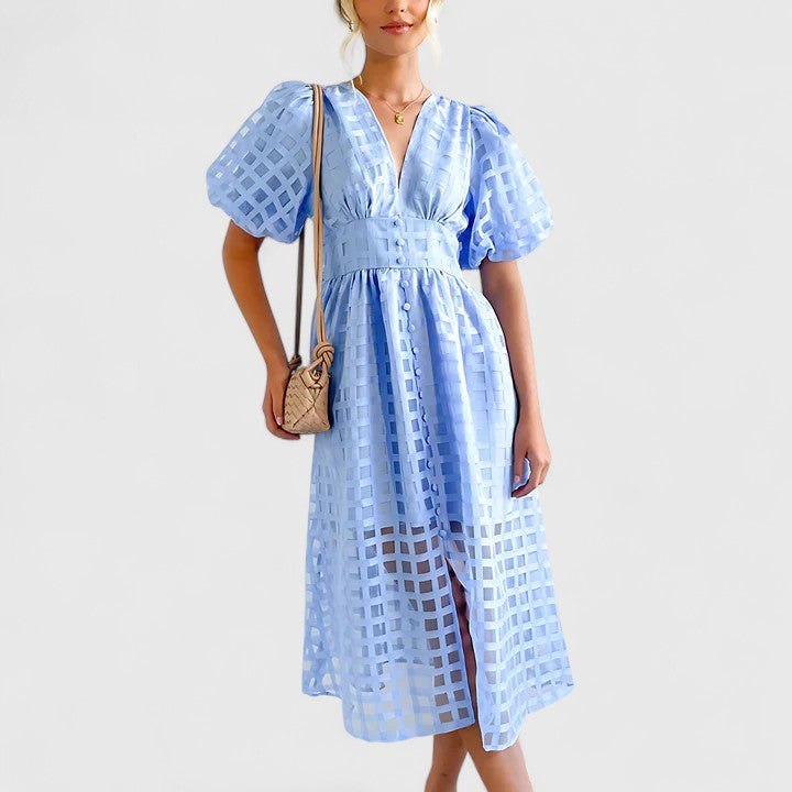 Barbara | Women's Chiffon Grid Puff Sleeve V-Neck Midi Dress Carol & Margaret Wilmington