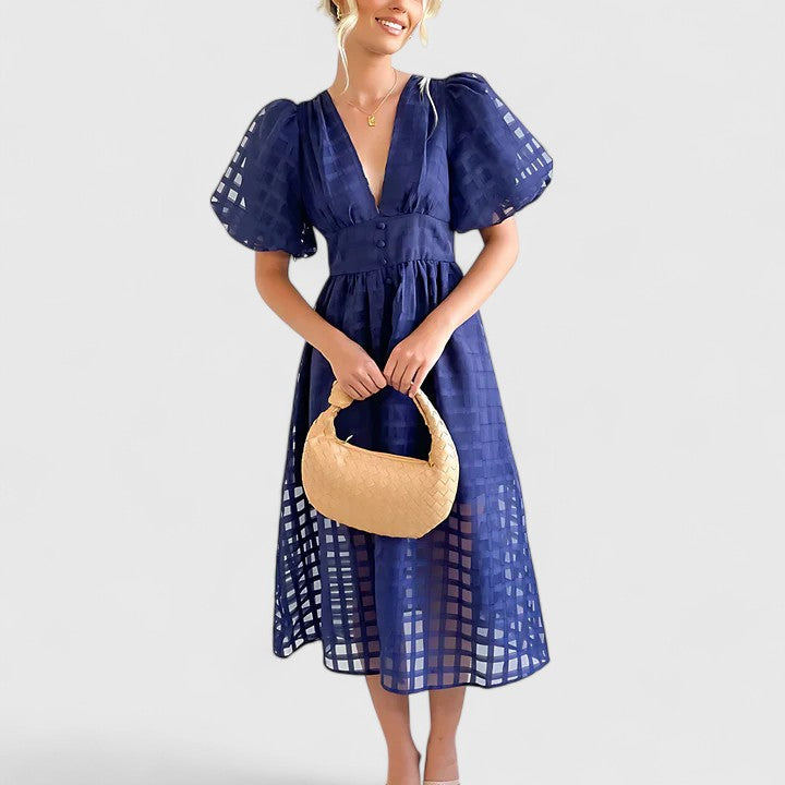 Barbara | Women's Chiffon Grid Puff Sleeve V-Neck Midi Dress Carol & Margaret Wilmington