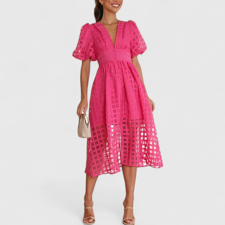 Barbara | Women's Chiffon Grid Puff Sleeve V-Neck Midi Dress Carol & Margaret Wilmington