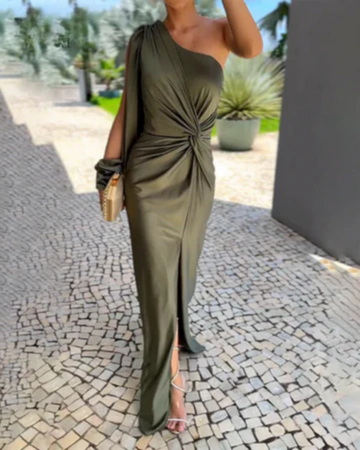 Isabella | Women's Green Satin One-Shoulder Twist-Waist Side-Slit Maxi Dress Carol & Margaret Wilmington