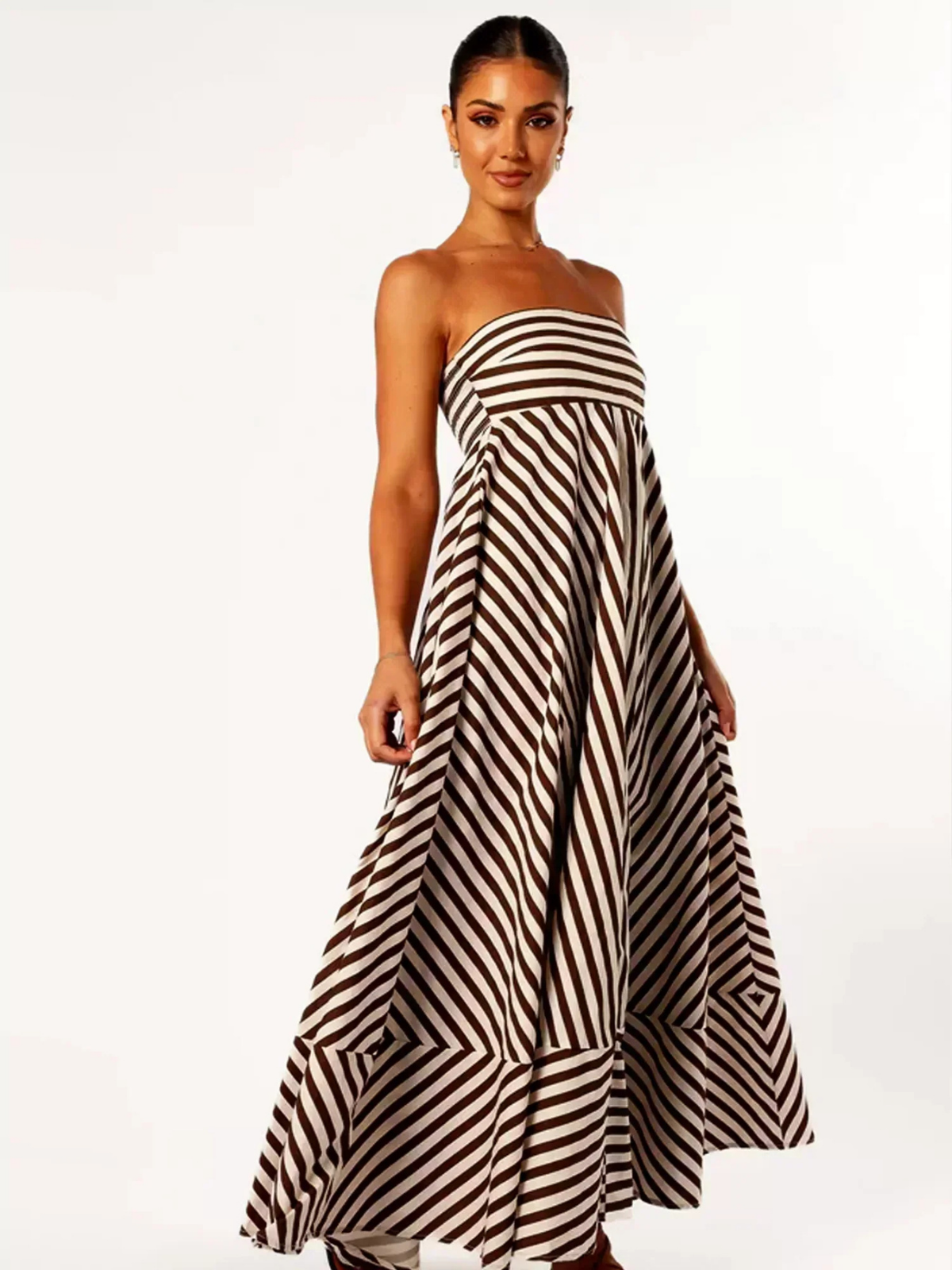 Elle | Women's Brown Cotton Striped Strapless Full-Skirt Maxi Dress Carol & Margaret Wilmington