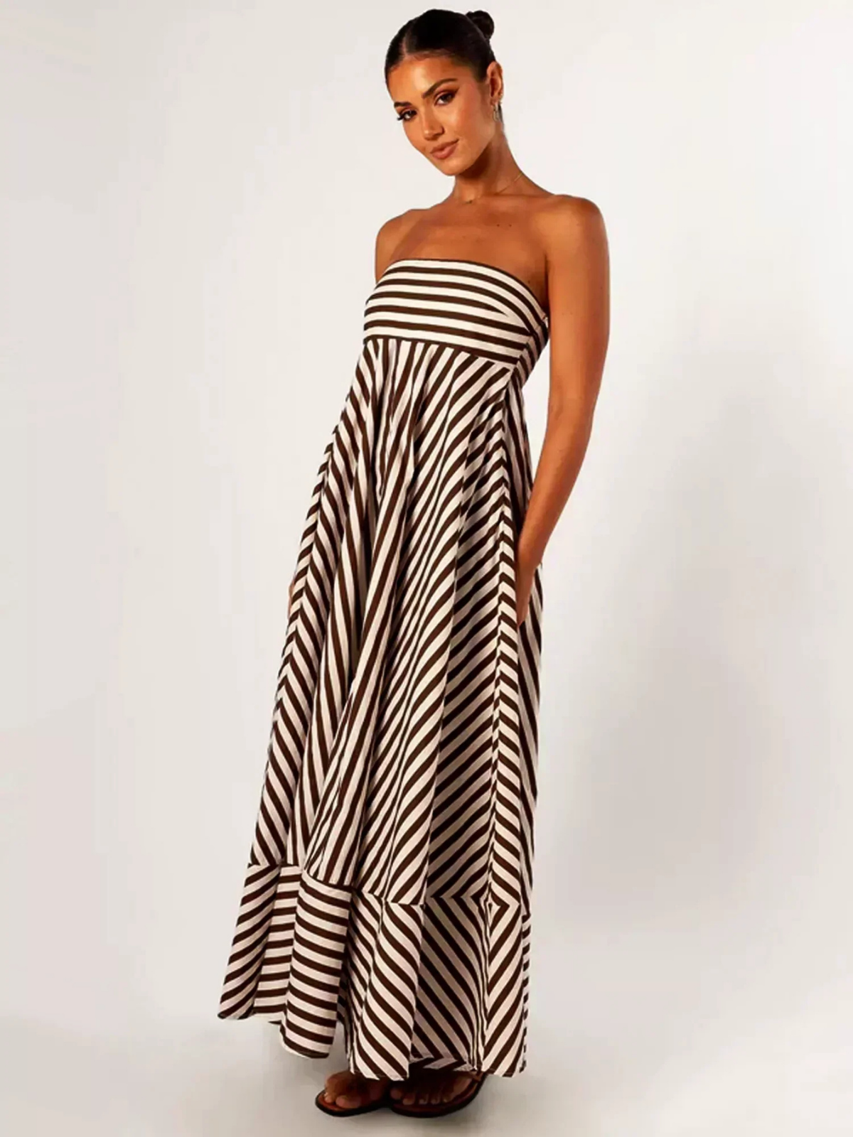 Elle | Women's Brown Cotton Striped Strapless Full-Skirt Maxi Dress Carol & Margaret Wilmington