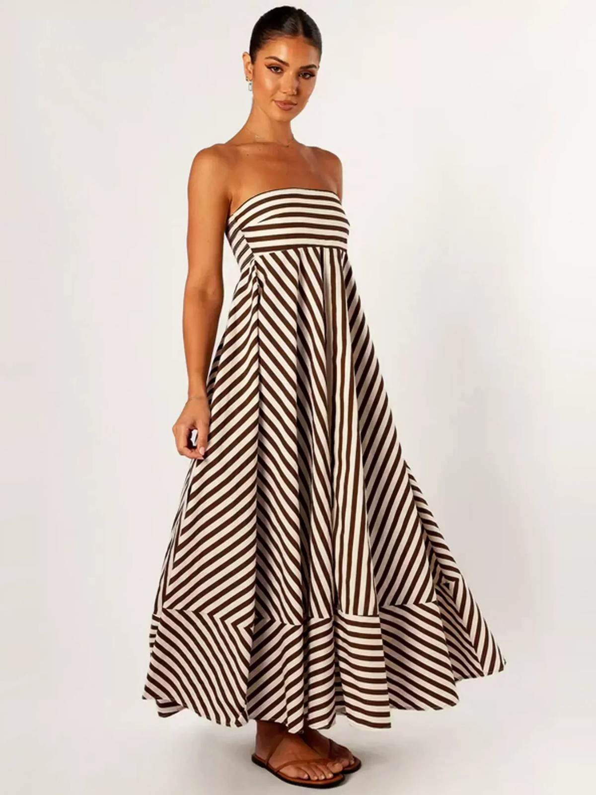 Elle | Women's Brown Cotton Striped Strapless Full-Skirt Maxi Dress Carol & Margaret Wilmington