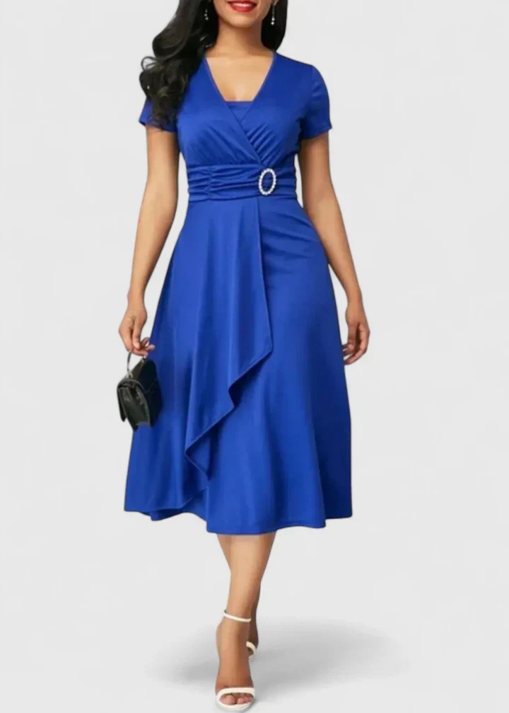 Lainey | Women's Stretch Ruched Wrap Midi Dress with Rhinestone Buckle Carol & Margaret Wilmington