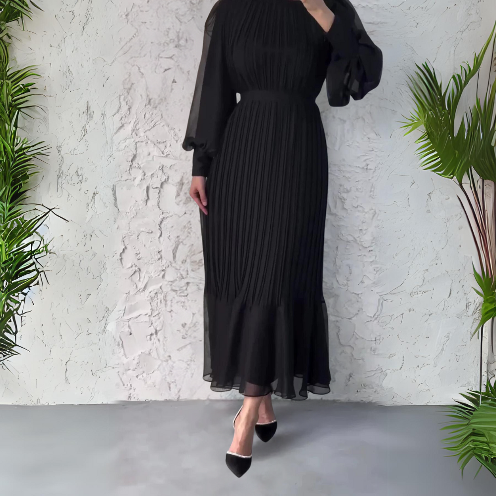 Erica | Women's Chiffon Pleated Mock Neck Long Sleeve Maxi Dress Carol & Margaret Wilmington