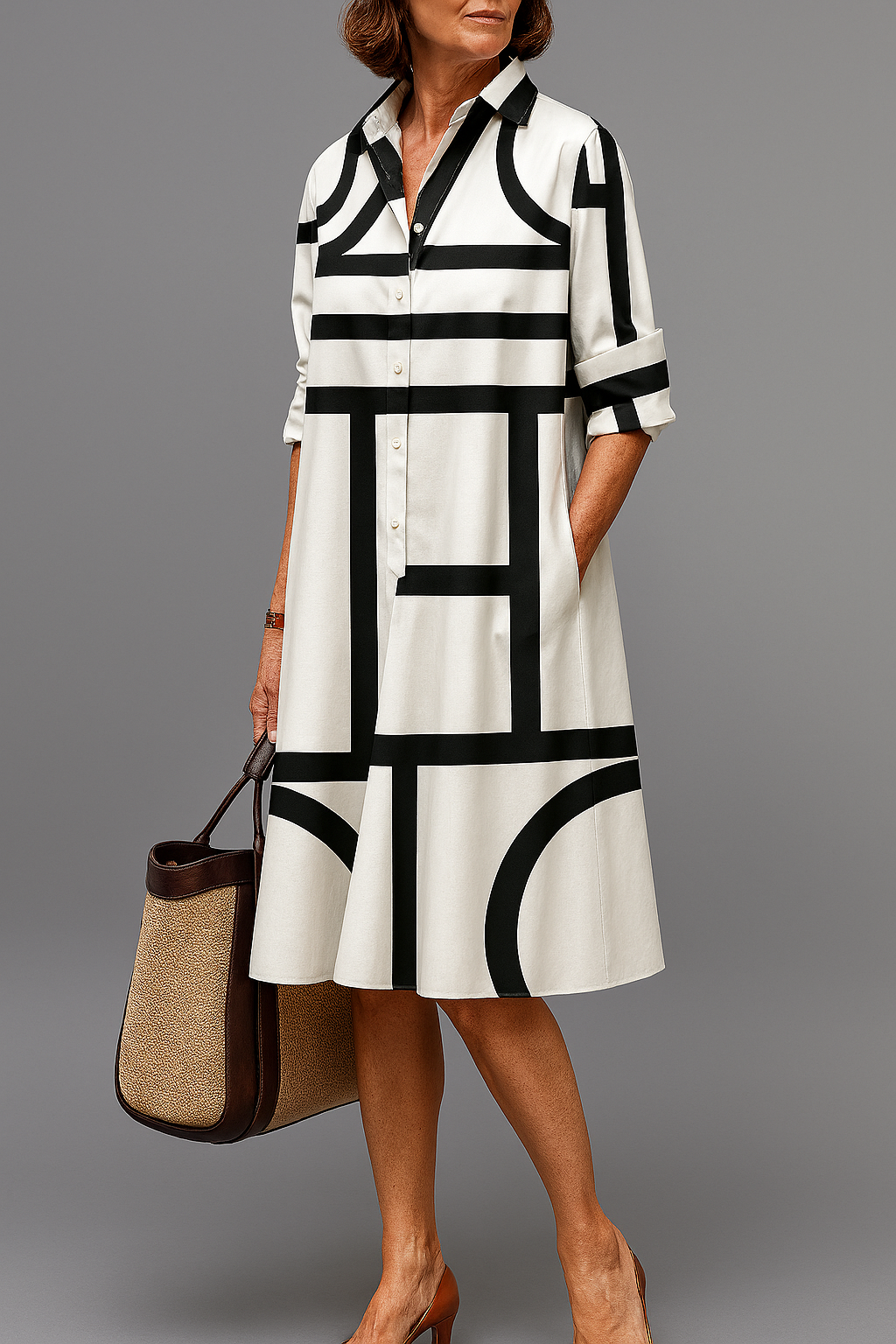Paulina | Women's White Cotton Geometric Print Shirt Midi Dress Carol & Margaret Wilmington