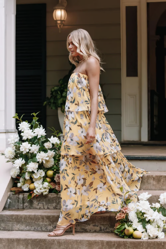 Kinsley | Women's Chiffon Tropical Print Strapless Tiered Maxi Dress Carol & Margaret Wilmington