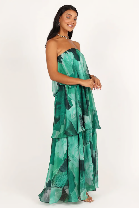 Kinsley | Women's Chiffon Tropical Print Strapless Tiered Maxi Dress Carol & Margaret Wilmington