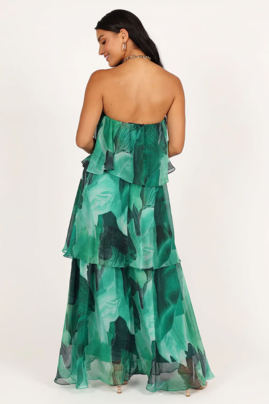 Kinsley | Women's Chiffon Tropical Print Strapless Tiered Maxi Dress Carol & Margaret Wilmington