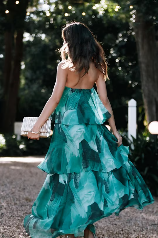Kinsley | Women's Chiffon Tropical Print Strapless Tiered Maxi Dress Carol & Margaret Wilmington