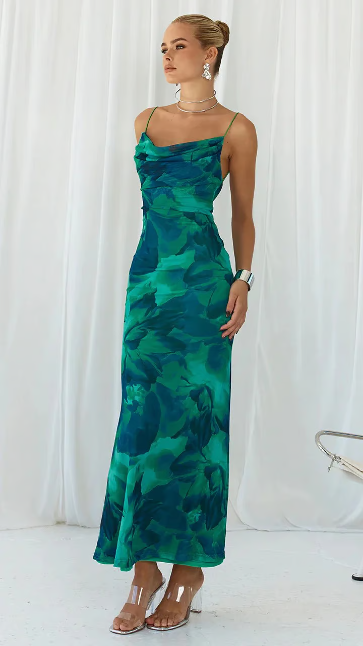 Ryann | Women's Green Chiffon Print Cowl Neck Spaghetti Strap Maxi Dress Carol & Margaret Wilmington