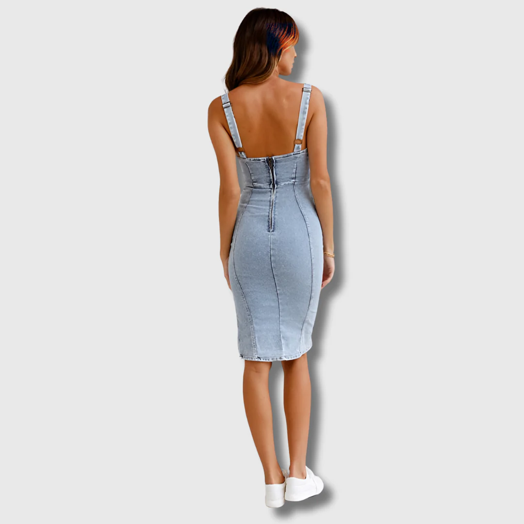 Reese | Women's Denim Bustier Bodycon Side-Slit Midi Dress Carol & Margaret Wilmington