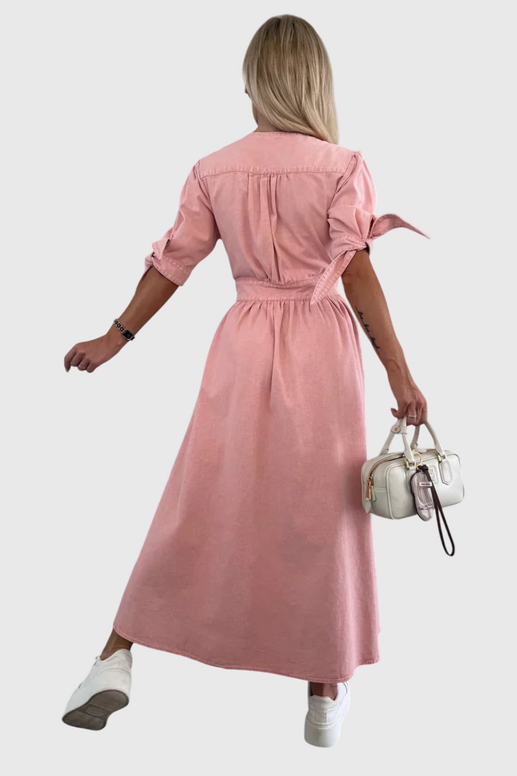 Geraldine | Women's Denim V-Neck Tie-Sleeve Button-Front Maxi Dress Carol & Margaret Wilmington